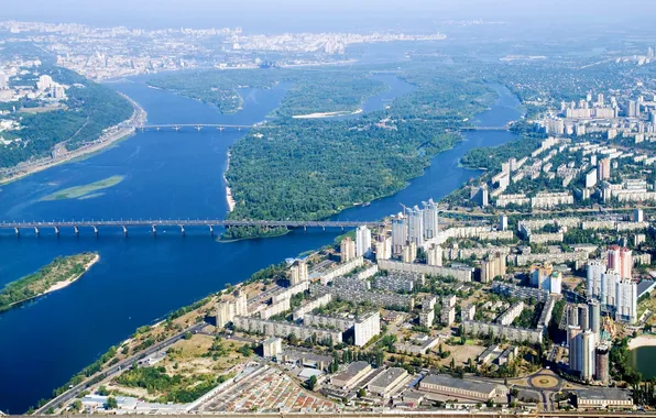 The city, river, photo, home, top, bridges, Ukraine, Kiev
