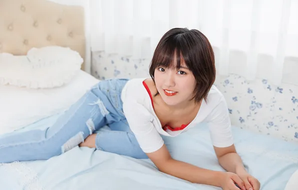 Beautiful, Asian, Model, Smile, Bed, Denim, Woman, Cute