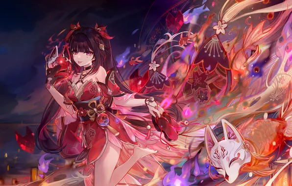 Girl, fish, night, fire, mask, sparkle, honkai: star rail, honkai (series)