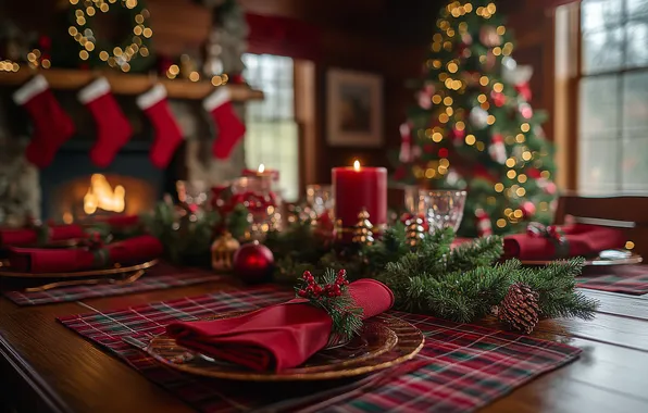 Balls, light, branches, table, room, fire, glass, candle