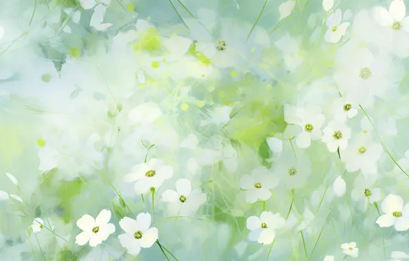 Greens, leaves, flowers, glade, blur, texture, spring, watercolor