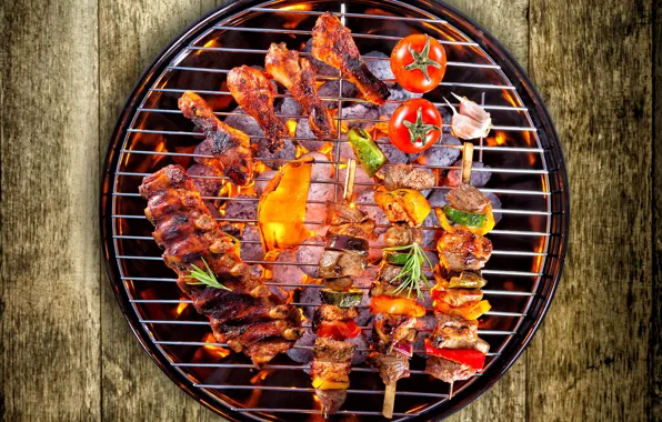 Vegetables, tomatoes, kebab, meat, vegetables, grill