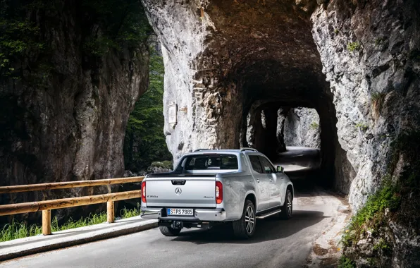 Road, rocks, Mercedes-Benz, the tunnel, pickup, 2018, X-Class, gray-silver