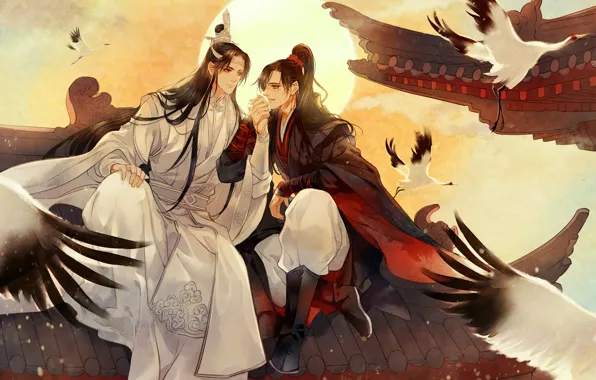 Picture the sun, wings, friends, long hair, on the roof, cranes, two guys, red ribbon