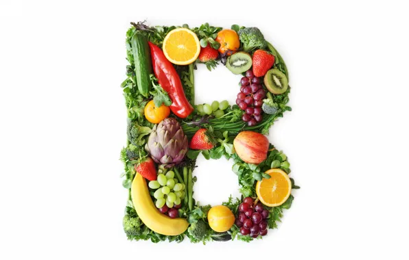 Fruit, letter, vegetables, vitamins