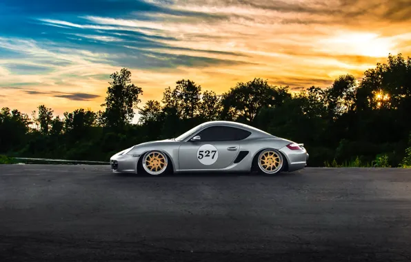 Picture car, sunset, porsche, cayman, stance