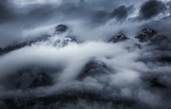 Picture winter, forest, the sky, clouds, snow, trees, mountains, clouds