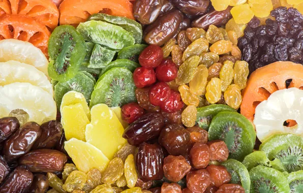 Kiwi, sweets, pineapple, a lot, closeup, raisins, dried fruits, dates