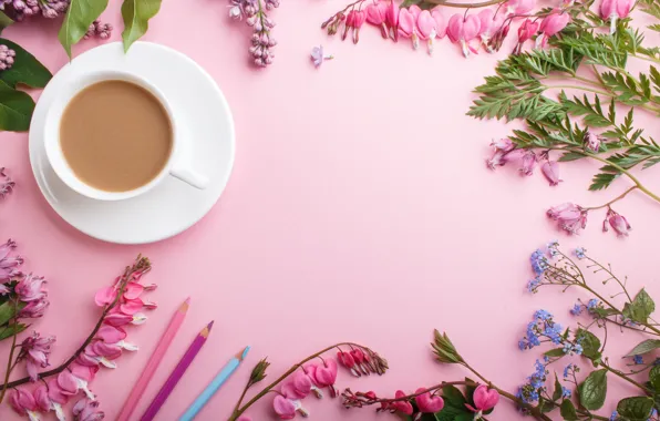 Flowers, pink, flowers, lilac, coffee cup, lilac, a Cup of coffee