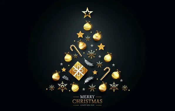 Picture decoration, gold, tree, Christmas, New year, golden, christmas, black background