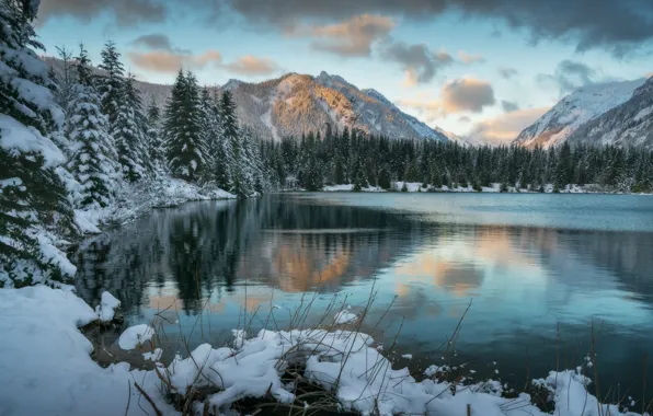 Winter, forest, clouds, snow, mountains, lake, ate, the snow
