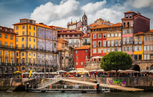 Picture river, tree, building, home, Portugal, promenade, Portugal, Porto