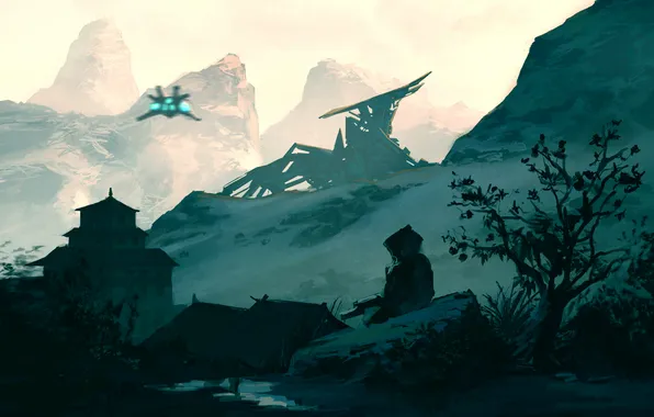 Mountains, stones, weapons, people, ship, home, art, tree