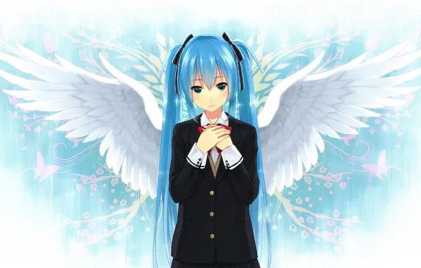 Picture girl, smile, wings, angel, vocaloid, hatsune miku, school uniform, Vocaloid