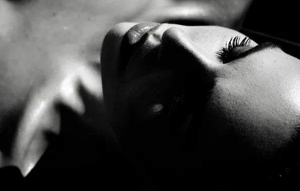 Girl, face, eyelashes, black and white, closed eyes
