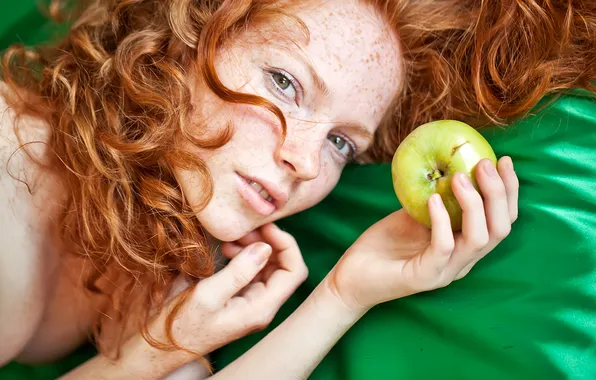 Picture look, girl, Apple, curls, red