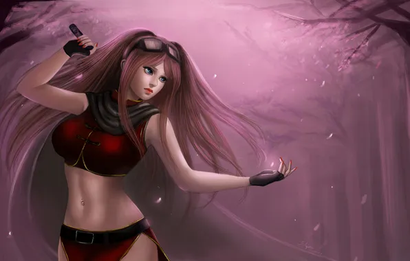 Girl, trees, hair, katana, petals, long, kagura