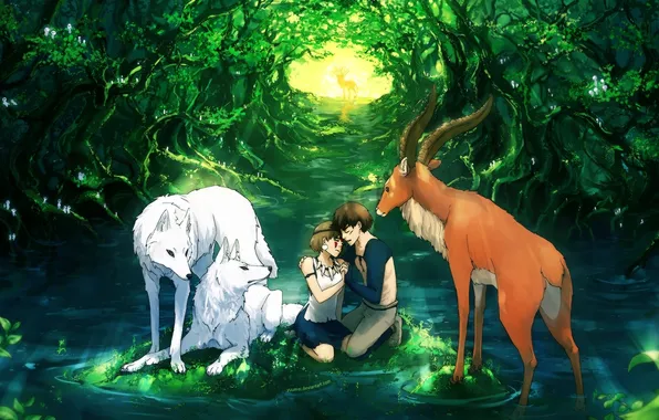 Picture forest, water, girl, pond, deer, art, wolves, guy