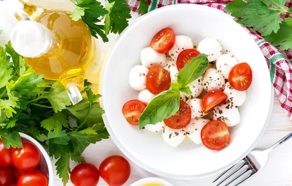 Picture tomatoes, parsley, salad, Basil, mozzarella
