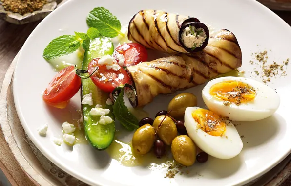 Picture olives, rolls, salad, eggs, eggplant
