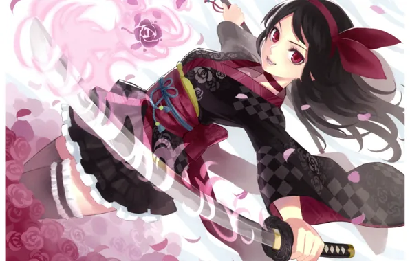 The wind, magic, katana, stockings, petals, samurai, girl, long hair