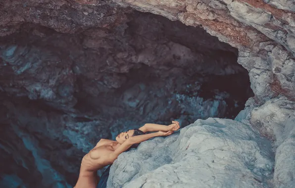 Erotic, chest, girl, nature, face, pose, stones, rocks