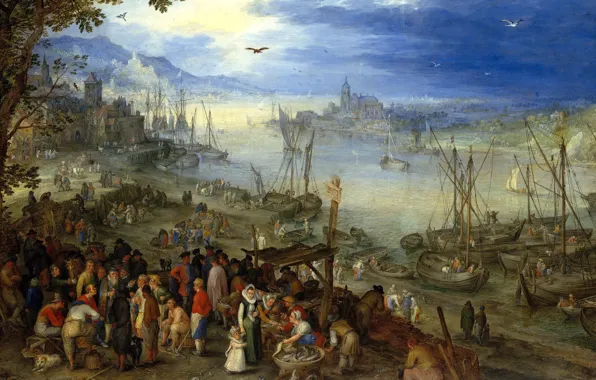 Picture landscape, people, picture, boats, Jan Brueghel the elder, Fish Market on the River