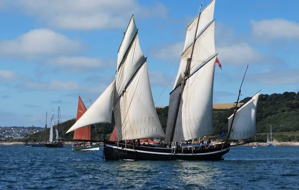 Sea, coast, ships, sailboats, sailboats at sea, HERO TOWT, cargo sailboat Grayhound