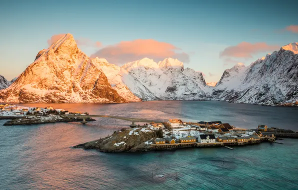 Picture winter, the sky, the sun, clouds, snow, mountains, bridge, rocks