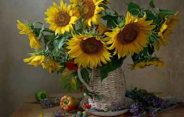 Sunflowers, pepper, still life, Rowan
