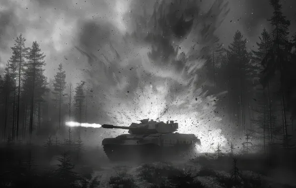 Picture Night, Trees, Forest, The explosion, Tank, Shot, Digital art, Black and white