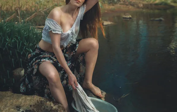 Girl, nature, feet, model, river, cobblestone, wash, basin