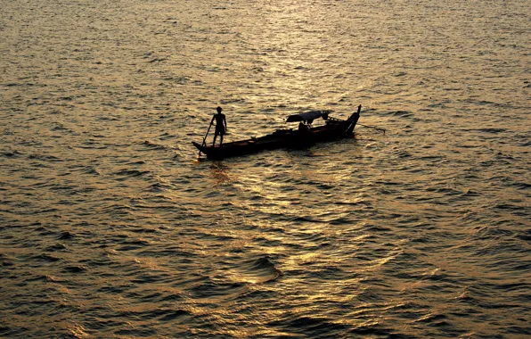 Sea, boat, fisherman, morning