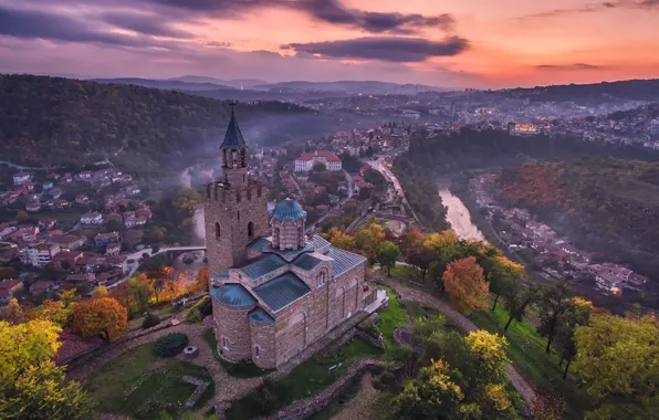 Picture sunset, landscape, mountains, autumn, trees, church, home, house