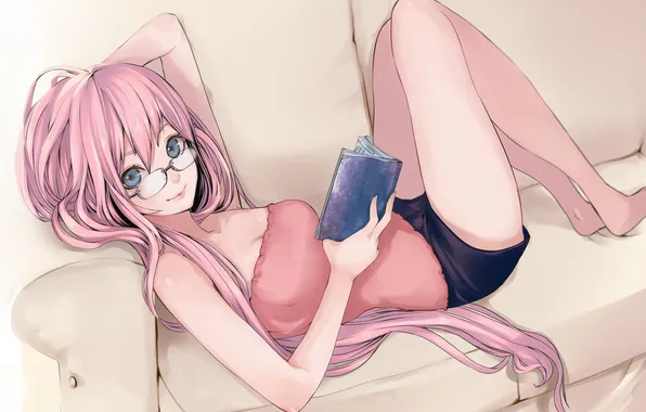 Picture look, girl, smile, sofa, glasses, lies, book, vocaloid