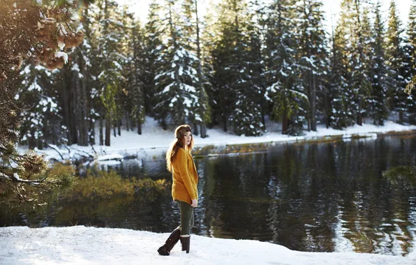 Picture winter, water, girl, snow, boots, red