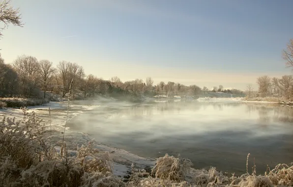 Cold, winter, landscape, fog, river