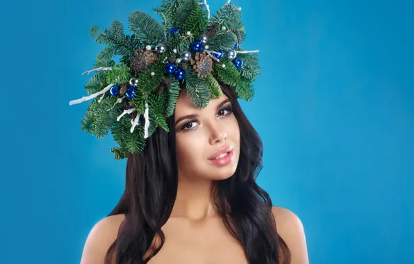 Girl, decoration, branches, toy, new year, makeup, wreath, spruce