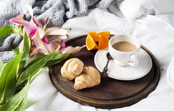 Coffee, Cup, bed, tulips, flowers, romantic, coffee cup, croissants