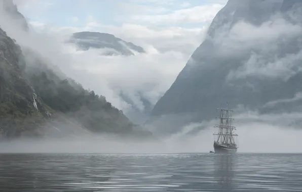 The sky, water, clouds, mountains, nature, rocks, ship, height