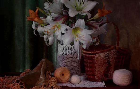 Flowers, basket, Lily, vase, lace, thread, table, balls