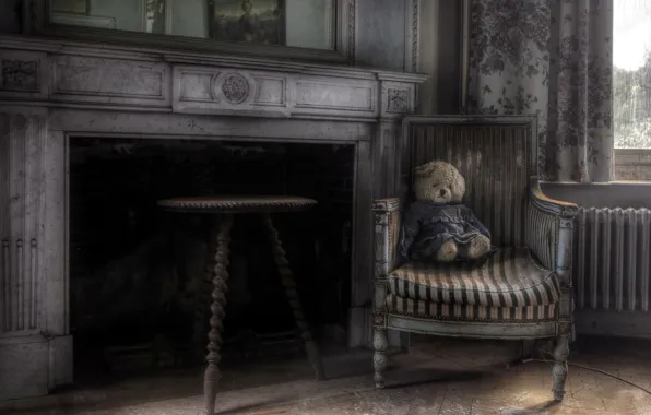 Room, chair, bear, fireplace