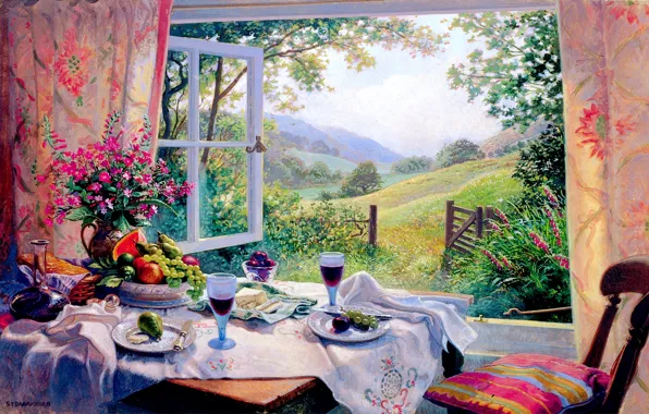 Picture field, summer, trees, flowers, table, glasses, window, fruit