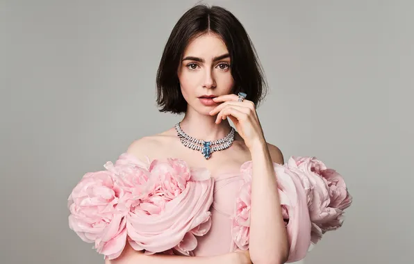 Girl, photo, necklace, dress, actress, lips, beauty, Lily Collins