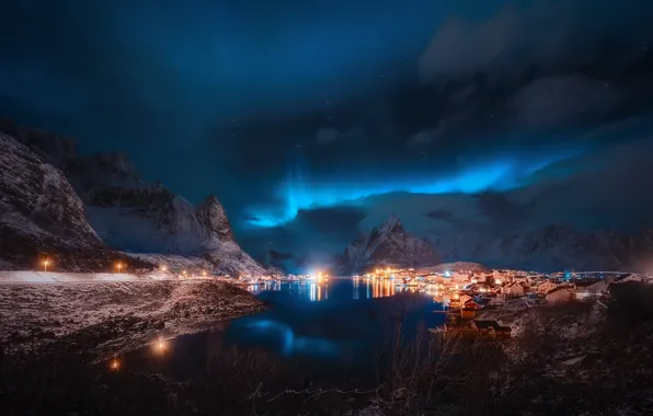 Winter, the sky, stars, clouds, light, lights, reflection, the village