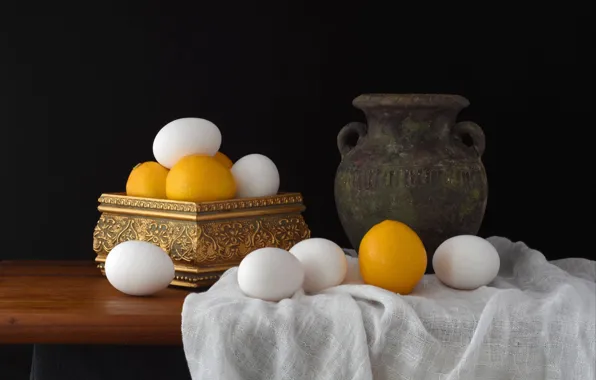 The dark background, food, eggs, oranges, fabric, pot, box, still life