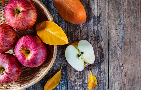 Autumn, leaves, apples, wood, autumn, leaves, fruits, autumn