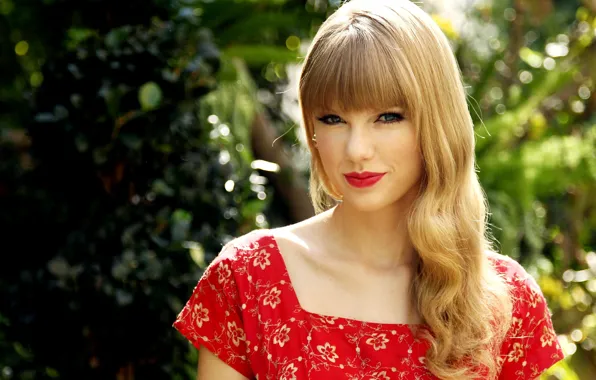 Red, portrait, dress, lipstick, singer, Taylor Swift, Sunny