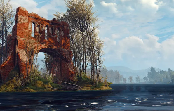 Forest, river, the building, The Witcher 3: Wild Hunt, The Witcher 3: Wild Hunt