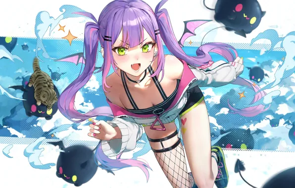 The sky, girl, kitty, fantasy, demons, Towa Tokoyami, Hololive virtual youtuber, Holo no Graffiti